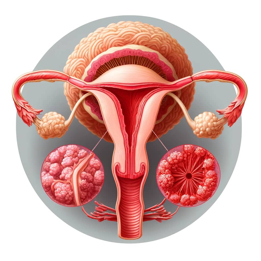 \Anatomical illustration of the human female reproductive system showing a comparison between a normal fallopian tube and an inflamed fallopian tube.